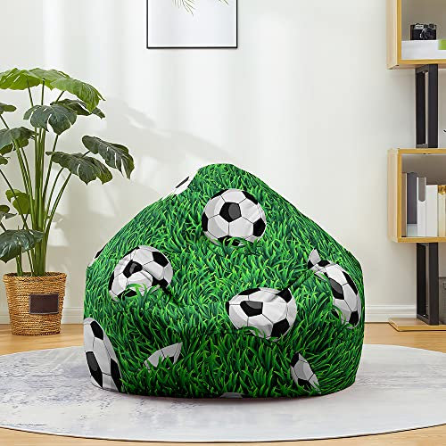 Treer Bean Bag Covers, Football Printing Beanbag Chair Cover Large for Kids & Adult, Linen Bean Bag Chair Sofa Cover - Stuffed Toys Storage Bag, Without Filling (31.5x35.4in,green football)