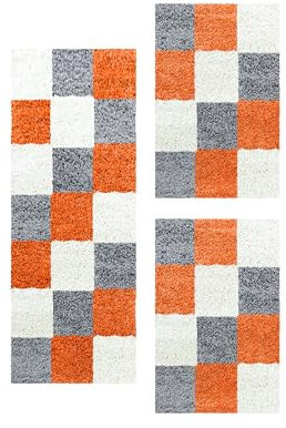 Carpetsale24 Bettumrandung Schlafzimmer 3 teilig Shaggy Hochflor Teppich Orange Bettvorleger Schlafzimmer Bettset: 2 St. 60x110 cm | 1 St. 80x150 cm - Teppich Läufer Set Kariert Design