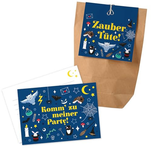 12x Zaubereule Einladungskarten + Partytüten - Set / Zauber Party Einladungskarten Zauber Kindergeburtstag Partytüten Kindergeburtstag Zauber Partytüten Zauberei Einladungen Kindergeburtstag