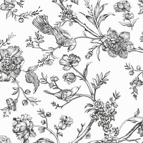 CiCiwind Self Adhesive Wallpaper White Black Floral Wallpaper 44×300CM Peel and Stick Wallpaper Flower Bird Contact Paper Thicken Sticky Back Plastic Waterproof Wall Cabinet Vinyl Wrap