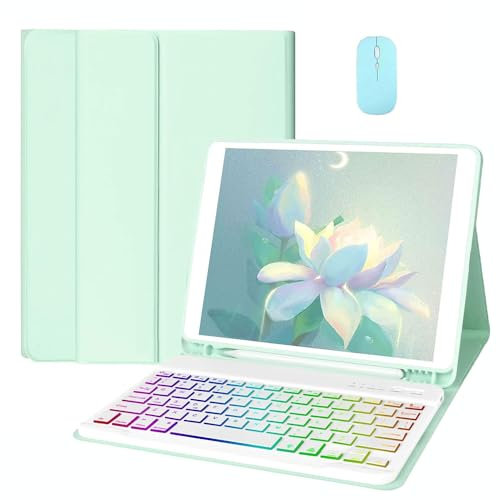 HEUCYL Funda con Teclado para Samsung Galaxy Tab S10+/Tab S9 FE+/S9+ 2023/S8+ /S7 FE /S7+ 12.4 2023 Tableta, Teclado Retroiluminado 7 Colores Teclado Español Ñ Inalámbrico Desmontable,Mint Green