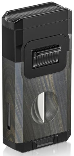 Torch Lighter Butane Refillable, Double Jet Flame Torch Lighter, All-in-One with V Cutter & Holder