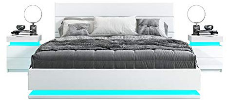 Bed Frame with Storage, 4FT Small Double Faux Leather Bed, Ottoman Gas Lift Storage Bed Frame, LED Small Double Size Bed for Bedroom Home, White