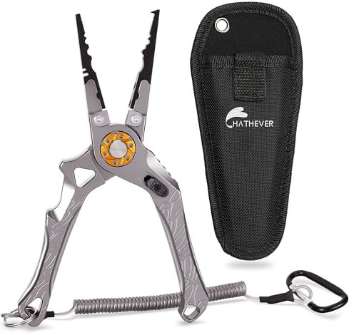 Hathever Aluminum Fishing Pliers, Saltwater Resistant Hook Remover Fishing Tool with Safety Lock, Split Ring Pliers Tungsten Carbide Cutters with Sheath and Lanyard, Gift for Men