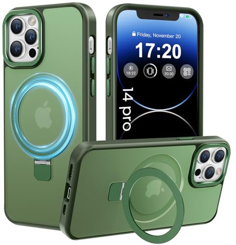 PuyaTeya Magnetic Stand for iPhone 14 pro Case, Compatible with Mag-Safe, Military Drop Protection, Anti-scratch/fingerprint Translucent Matte iPhone 14 pro Phone Case(Green)