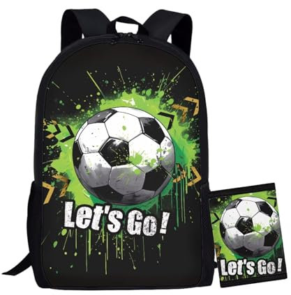 COEQINE Sportlicher Rucksack für Herren, Teenager, Jungen, Rucksack, dreifach gefaltet, Geldbeutel, 3D-Feuer-Wasserball, Jugendliche 9–12, Grüner Feuerball, cooler Fußballdruck, One size