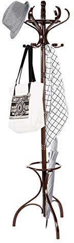 COSTWAY 182cm Garderobenständer Holz, Jackenständer mit 12 Haken, Kleiderständer mit Schirmständer, Garderobe Standgarderobe (Braun)