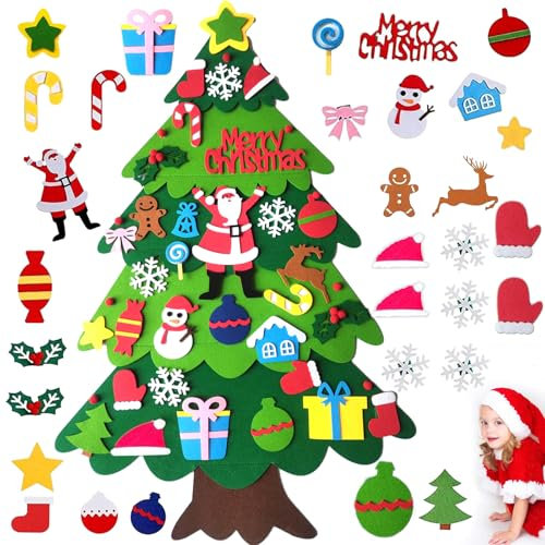 PHISGNIO Filz Weihnachtsbaum, DIY Filz Weihnachtsbaum Kinder Deko mit 32pcs Abnehmbaren Hängenden Ornamenten, Filz Tannenbaum Dekoration für Home Tür Wand