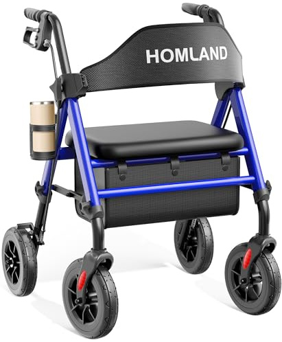 HOMLAND Sitzrollator-Gehhilfe, faltbar, verstärkter Aluminiumrahmen, 20,3 cm große Gummiräder, höhenverstellbar, leicht