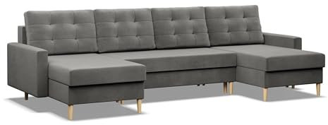 Mebligo - U-Förmige Ecksofa mit Schlaffunktion und Bettkasten BLANK, Couch U Form 294x88x140 cm, Klappsofa mit Schlaffunktion, Wohnzimmer Eckcouch mit Bettfunktion - Ecksofa Hellgrau