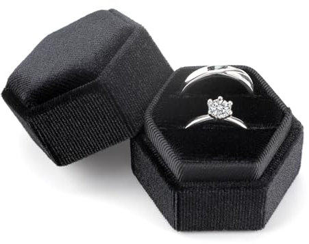 KeyQueen Velvet Ring Box, Wedding Jewelry Box with Double Slots, Hexagon Ring Gift Storage Case, Detachable Lid for Proposal, Engagement, Wedding Ceremony, Valentine's Day (Black)