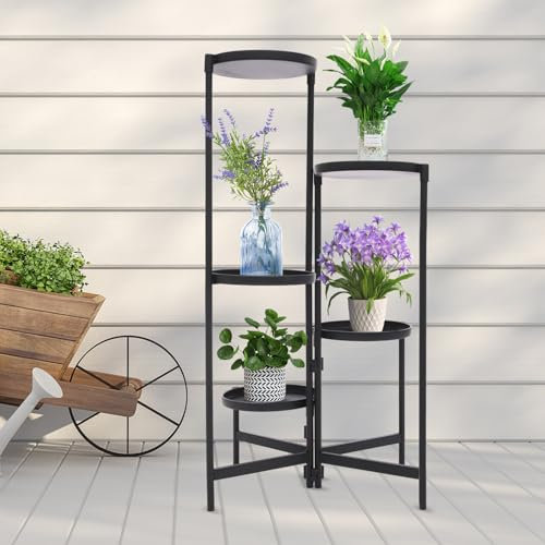 HuKaiL 5-Stufiger Metall Blumenständer, Mehrstöckig Pflanzenständer Balkon Deko Pflanzenregal mit 9 Kg Tragfähigkeit Pro Lage & 19.7cm Tablett, Blumenregal Blumentreppe für Gärten, Innenräume, Schwarz