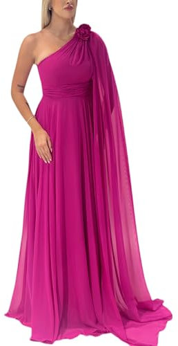 Abito da sera lungo in chiffon con gonna svasata e motivo floreale su una spalla, Fucsia, M