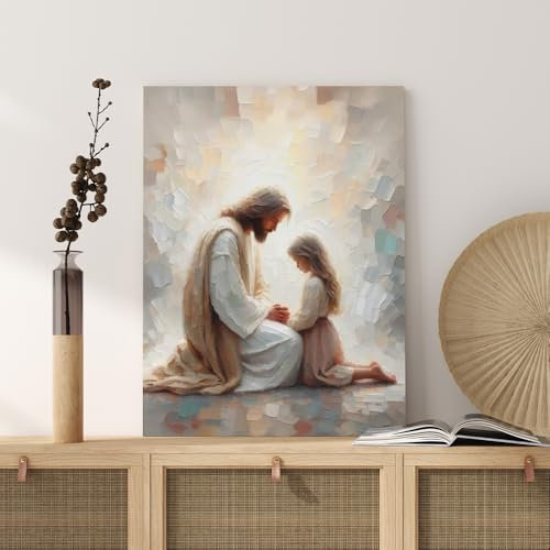 Gerahmte Jesus Christliche religiöse Leinwand-Wandkunst, Jesus und Mädchen betendes Gemälde, Wanddekoration, christliche Bibelgeschichte, Poster für Kirche, Gebetszimmer, Wohnzimmer, Heimdekoration,