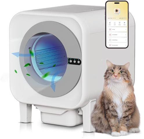Meowra - Caja de arena para gatos autolimpiable, capacidad XL de 70 L (48 x 55 x 61 cm), control de aplicación WiFi, inodoro automático para gatos sin olor con bolsas de garaje