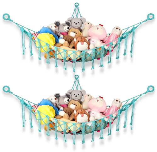 WUFANC 2er-Pack Kuscheltier Aufbewahrung Netz, Boho Makramee Stofftier Aufbewahrung Hängend Spielzeug Organizer für Kinderzimmer Deko - Netz für Kuscheltiere Einfach Organisieren und Aufbewahren