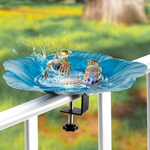 Bain d'Oiseaux avec Distributeur Nourriture - Baignoire Balcon avec Pince Amovible - Mangeoire et Abreuvoir pour Décoration Jardin