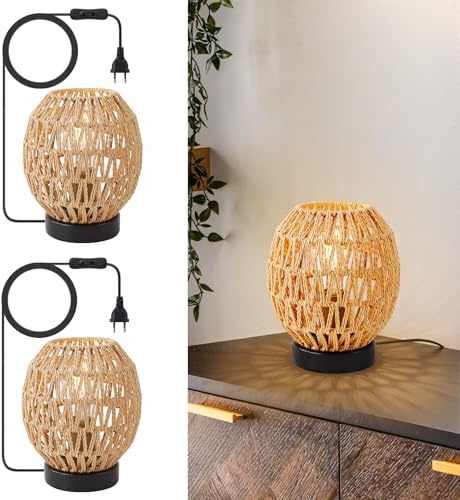 WILON Lampe Wohnzimmer Tischlampe, 2 Stück Rattan Tischlampe, Kleine Tischlampe mit Stecker, Handgewebte Lampenschirme, E27 Schreibtischlampe Retro, Nachtlicht Lampe für Schalfzimmer, Esszimmer