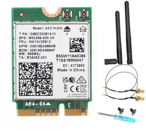 Intel AX211 WiFi 6E Karte, Tri-Band, bis zu 2,4 Gbit/s, M.2 CNVio2, Bluetooth 5.3, Windows 10/11 Linux kompatibel