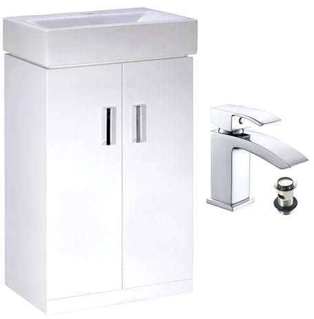 The Home Store 450mm White Gloss Cloakroom Vanity Unit - Compact Bathroom Sink Cabinet with Soft-Close Doors Storage Shelf & Ceramic Basin - Included Chrome Waterfall Tap & Waste