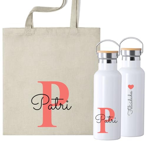 Pack Personalizado de Botella Térmica 500ml y Bolsa de Tela, Diseño con Inicial, Nombre y dedicatoria en la Botella Personalizada (CORAL)