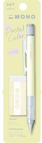 Tombow MONO graph et gomme MONO Jaune crème. Porte-mine 0,5mm de précision, pointe de 4mm, mécanisme d'agitation, tube en laiton stable, rechargeable, gomme incluse. Gomme MONO. [SH-MG54-PE04A]