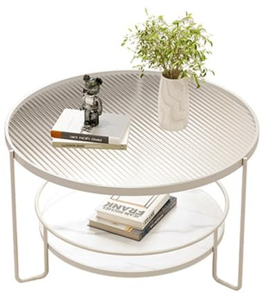 AFKSMILE Runder Couchtisch, Sofatisch mit Stauraum und Stabilem Metallrahmen, Modern Transluzentes Desktop Beistelltisch für Wohnzimmer, Schlafzimmer und Offic (Weiß)