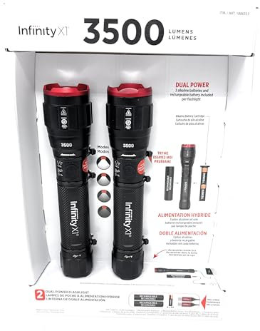 Infinity X1 3500 Lumen Dual Power Flashlight 2-Pack – High-Performance LED, Rechargeable or Alkaline Powered, 4 Light Modes, USB-C Charging, Includes Batteries and Cables