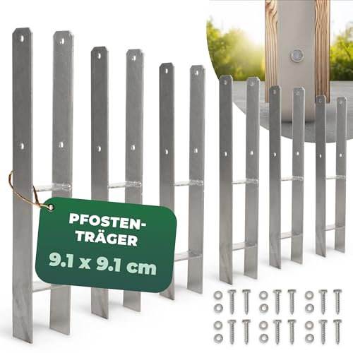 Novatool 6x Einschlagbodenhülsen-Set H-Form 91x91x600 mm, Bodenhülse Sonnenschirm Pfostenträger Zaunpfosten Holzpfosten Bodenhülsen Einschlaghülse Erdspieß zum Einschlagen, verzinkt, mit Schrauben