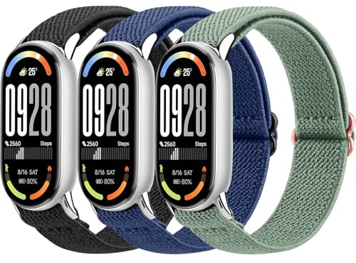 Oumida 3 Stück Elastisch Armband für Xiaomi Smart Band 8/9 / 10 Armbänder Damen Herren, Robuster Metallkopf, Verbessertes Nylon Uhrenarmband, Sport Ersatzarmband für Xiaomi Mi Band 10/9/ 8