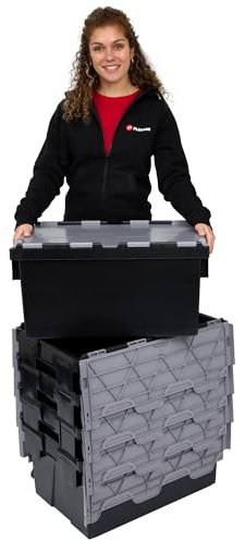 Plastor Pack of 5 - Plastic 55 Litre Heavy Duty Storage Box Tote Crates (60 x 40 x 30.6cm) Eco Black with Grey Attached Hinged Lids