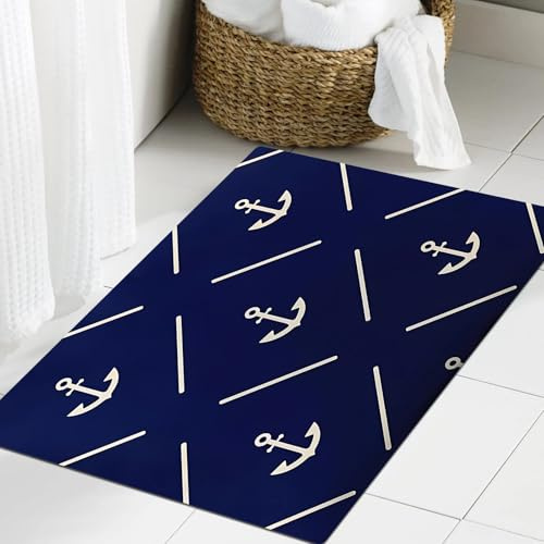 JHAOUNUK Weich Badezimmerteppich 60x90cm,Horizontales nahtloses Muster mit Ankern. Weiße Anker isoliert auf blau,rutschfest waschbar Badematte Flauschige Badteppich Saugfähig Badvorleger Duschvorleger