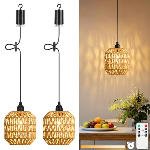 Lightsjoy 2Pck Battery Powered Outdoor Pendant Light Dimmable Ceiling Light | Battery Operated Hanging Lights IP65 with Remote Control Timer Rattan Boho Lampshade Chandeliers for Gazebo Patios