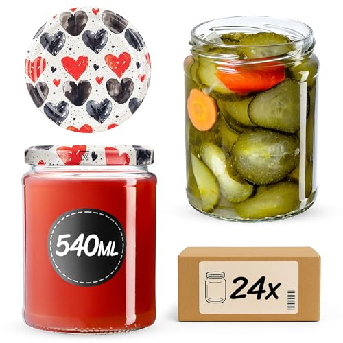 KADAX 24er Set Einmachgläser 540ml TO82, Sturzgläser Mason Jar mit Schraubdeckel, Luftdichte Twist-off Gläser, Meal Prep, Overnight Oats, Sauerteig (Herzen)