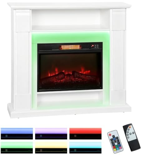 HOMCOM Elektrokamin mit Heizung RGB LED Flammeneffekt 1800W Timer Weiß | Elektrischer Kamin, 3 Helligkeitsstufen, Dekokamin mit Regal, Fernbedienung, Überhitzungsschutz