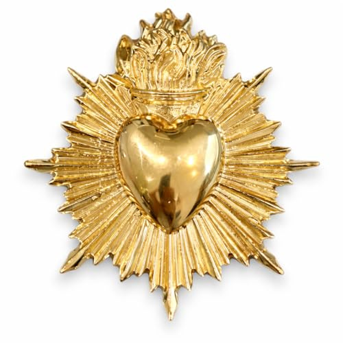 Broche Cœur Ex-Voto avec Flamme, Couleur Or, 7.5 x 6.5 cm, Fermoir Aimanté Sécurisé