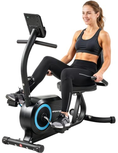 SPORTNOW Cyclette da Casa Orizzontale Bluetooth App Schermo LCD con Ruote | 8 Livelli di Resistenza Magnetica, Cyclette Recumbent, Frequenza Cardiaca, Sedile Regolabile, Allenamento Casa Anziani