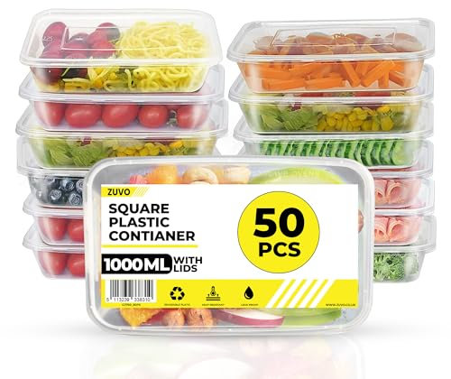 Zuvo Plastic Food Containers 1000 ml - Pack of 50 Reusable Food Containers - Perfect Food Storage Containers - Microwave and Freezer Safe, Recyclable (35 oz)