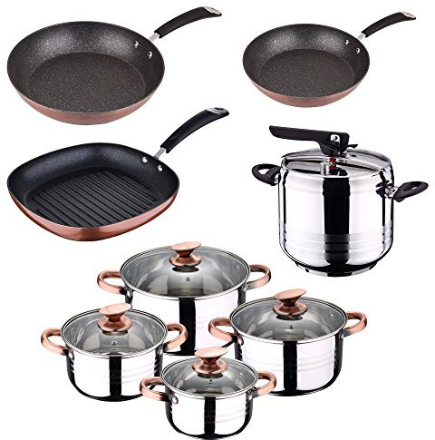 San Ignacio MOMA Set DE Olla A PRESIÓN 7L Duna + BATERÍA Cocina 8 Piezas SIP + 3 SARTENES + Grill 28, Acero Inoxidable, Cromado