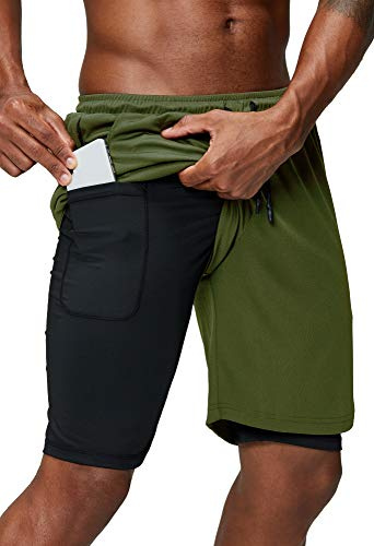 Pinkbomb Men's 2 in 1 Running Shorts Gym Workout Quick Dry Mens Shorts with Phone Pocket, Army Green, XX-Large