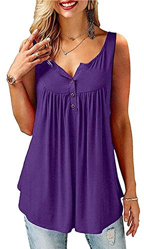 Florboom T Shirt Damen Sommer V Ausschnitt Ärmelloses Longshirt Tops, Lila L