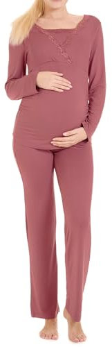 Herzmutter Pyjama Grossesse - Pyjama Allaitement - Vêtement de Nuit pour Femme Enceinte - Ensemble de Pyjama Maternité - Dentelle - Rose - 2000 (XXL, Rose)
