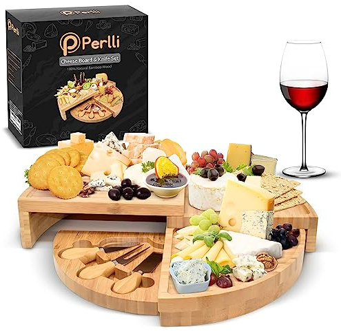 Perlli Bambus-Käsebrett und Messer, groß, zusammenklappbar, 45,7 cm, rund, Holz, drehbar, Charcuterie-Brett, Käse, Fleisch, Wein, Serviertablett, Heimdekoration, Set