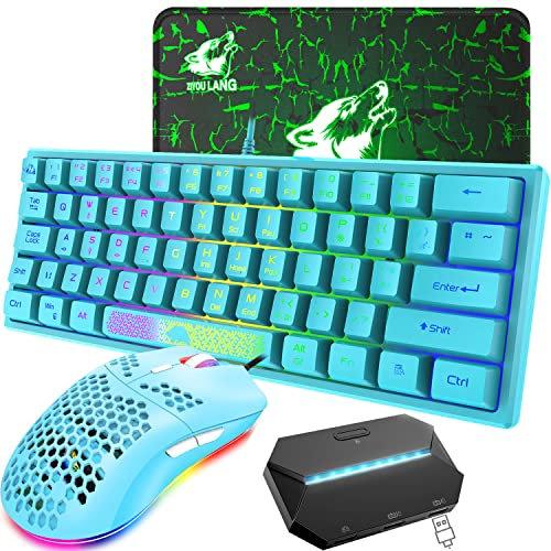Tastiera da gioco 60% con layout UK Set di mouse per tastiera portatile cablata 62 tasti con 7 LED RGB retroilluminati +Mouse da gioco ultraleggero 6400 DPI +Tappetino per mouse + Controller di gioco
