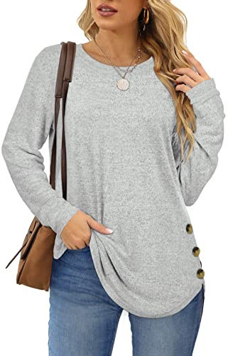 Aokosor Womens Tops Lightweight Ladies Jumpers Side Buttons Tunic Sweatshirts Grey Size 22-24