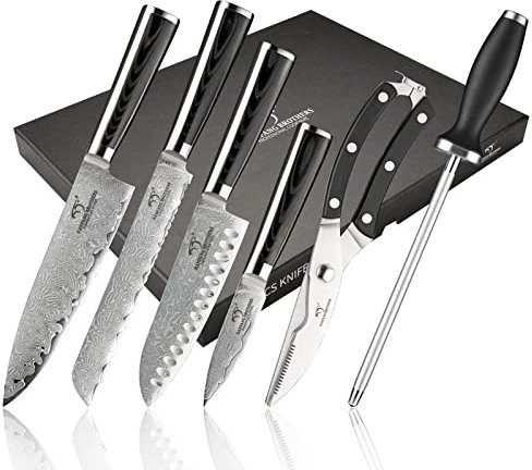 NANFANG BROTHERS Damaszener Küchenmesser Set, 6 Stück 67 Schichten Handgefertigt VG10 Stahlkern Geschmiedet Profi Messer Set mit Premium Box