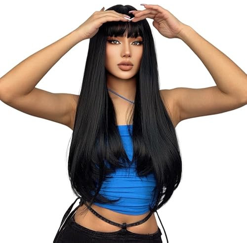 EMMOR Schwarze Perücken Lange Gerade Perücke Mit Fringe Haar Für Frauen Synthetische Natürliche Schwarze Haar Party Und Cosplay Premium Weiche Perücke(26 Schwarz)