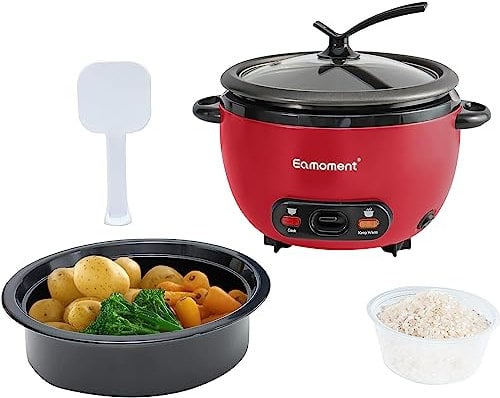 Eamoment ERC-5P07RD 1L | 400W Cuociriso e Vaporiera 2 in 1 Riscaldare e cuocere 1-5 persone Pentola rimovibile antiaderente, Spatola e misurino inclusi