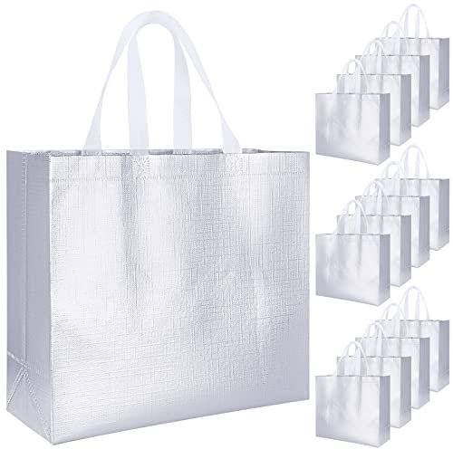 Erinnmy 12 Stück Geschenktüten Große,Wiederverwendbare Geschenktüten mit Glänzender Oberflächem,Glänzende Geschenktüten mit Griffe für Geburtstag Hochzeit Weihnachten Babyparty,32 x 28 x 12 cm(Silber)