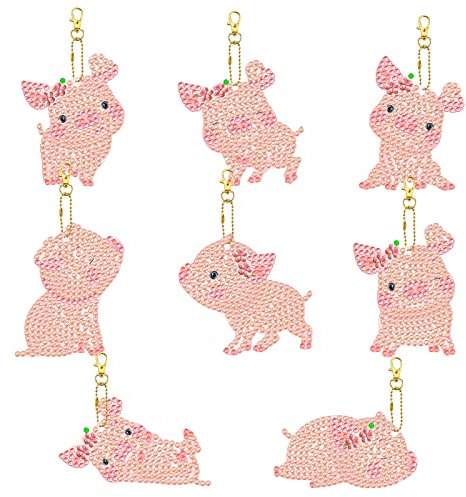 8 Stück 5D Diamant Malerei Schlüsselanhänger Süßes Cartoon Schwein Diamant Kristall Strass Painting Schlüsselanhänger Doppelseitig Rosa Tier Mosaik Diamant Bastelarbeiten für Schlüsseletui Geldbörse